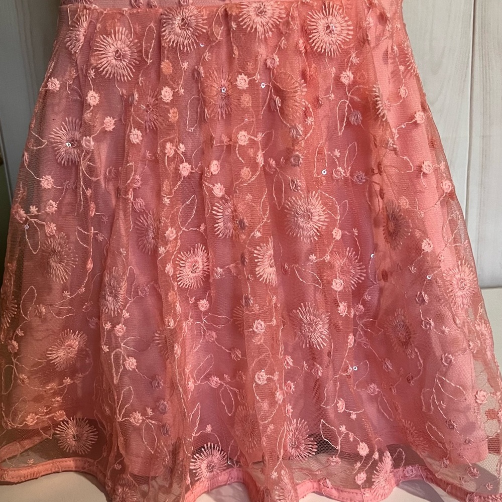 Size 6T Girls Orange Sleeveless Mesh Sequins Lacy Flowy Party Dress - Picture 7 of 16